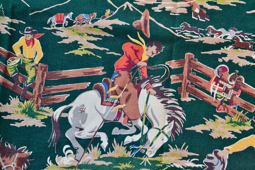 Vintage 1940s Cowboy Rodeo Print Green Barkcloth Drapes