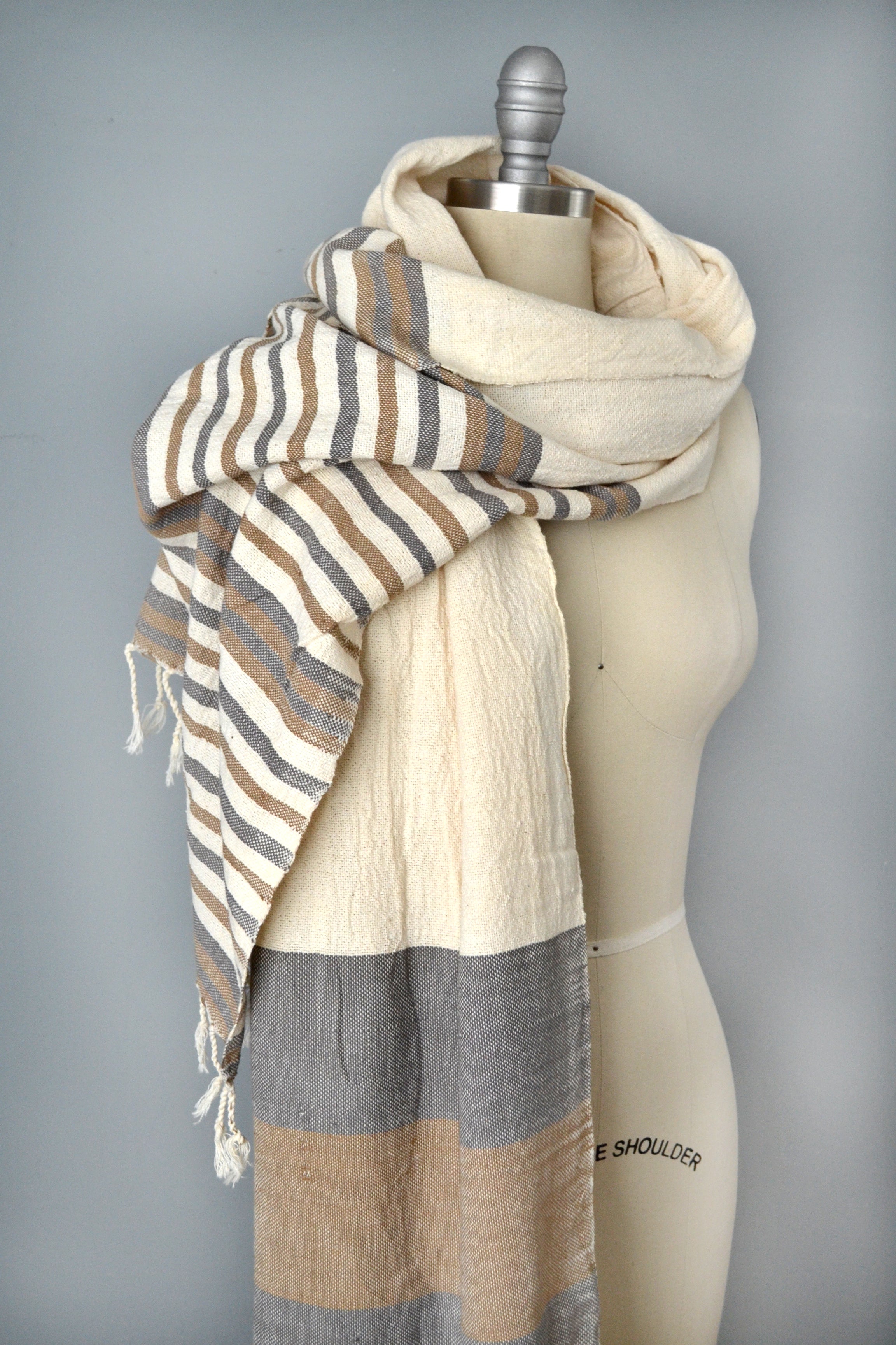 Neutral handmade striped cotton shawl by Yuba Mercantile