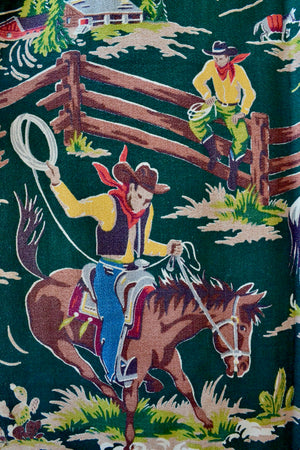 Vintage 1940s Cowboy Rodeo Print Green Barkcloth Drapes
