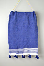 Blue and Ivory Moroccan Cotton Pom Pom Throw by Yuba Mercantile
