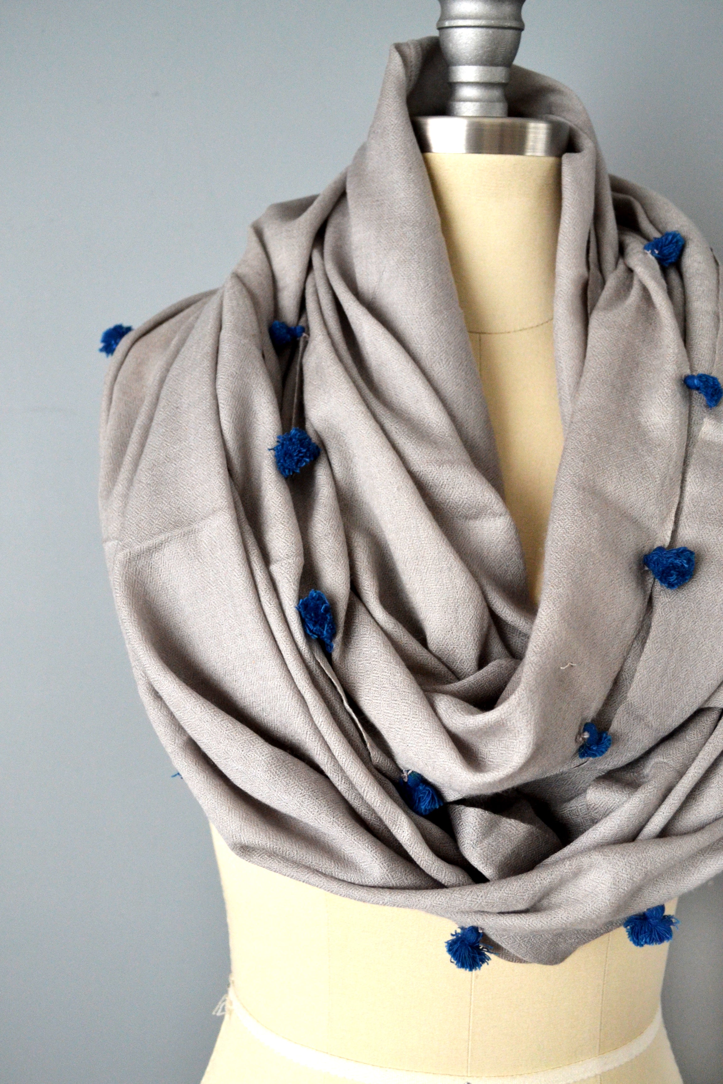 Gray cotton pom pom infinity scarf by Yuba Mercantile