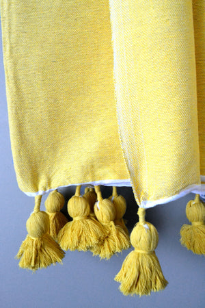 Mustard Lightweight Cotton Moroccan Pom Pom Throw by Yuba Mercantile