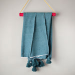 Blue Green Cotton Pom Pom Throw Blanket by Yuba Mercantile