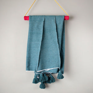 Blue Green Cotton Pom Pom Throw Blanket by Yuba Mercantile