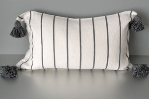 Steel Gray Striped Pom Pom Lumbar Pillow by Yuba Mercantile